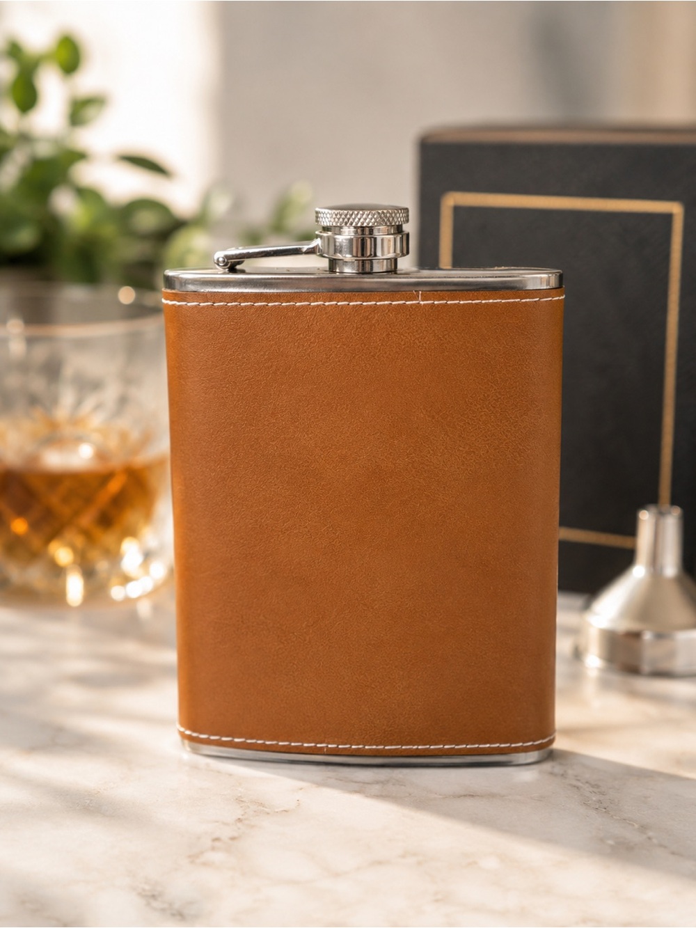 8 oz Leather Stainless Steel Hip Flask with Box & Funnel
